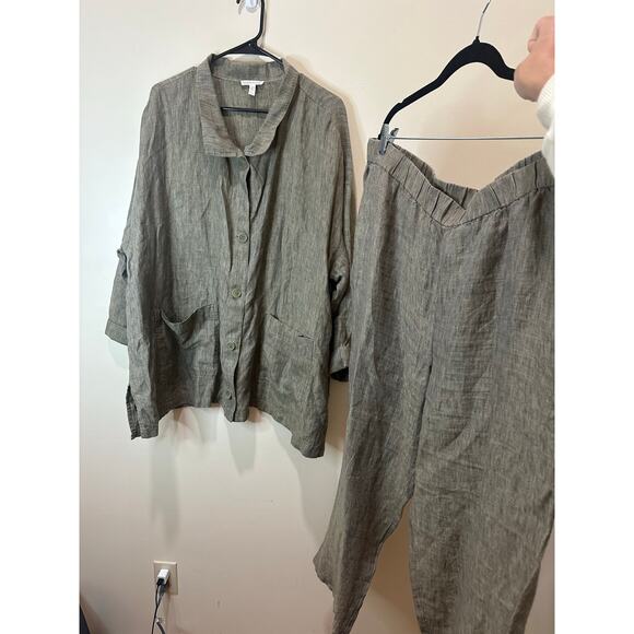 Eileen Fisher Sz 2X Washed Organic Linen Delave Stand Collar Jacket + Pants Set - Picture 5 of 13